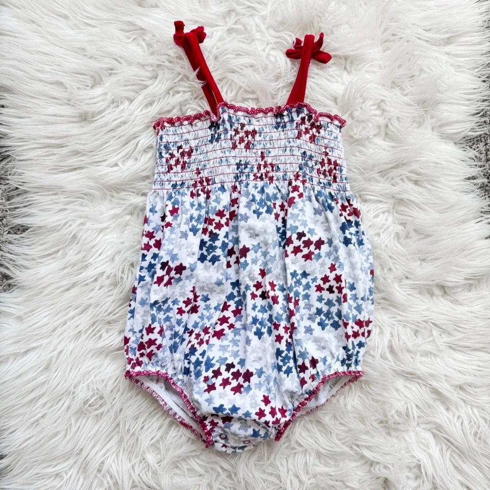 Burt’s Bees Baby Organic Smocked Bubble Romper Patriotic Stars 24M